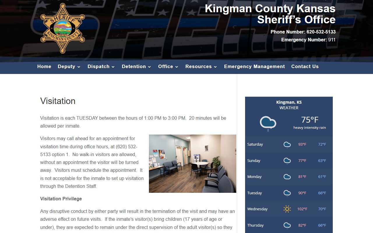 Kingman County Jail visitation schedule and appointment rules